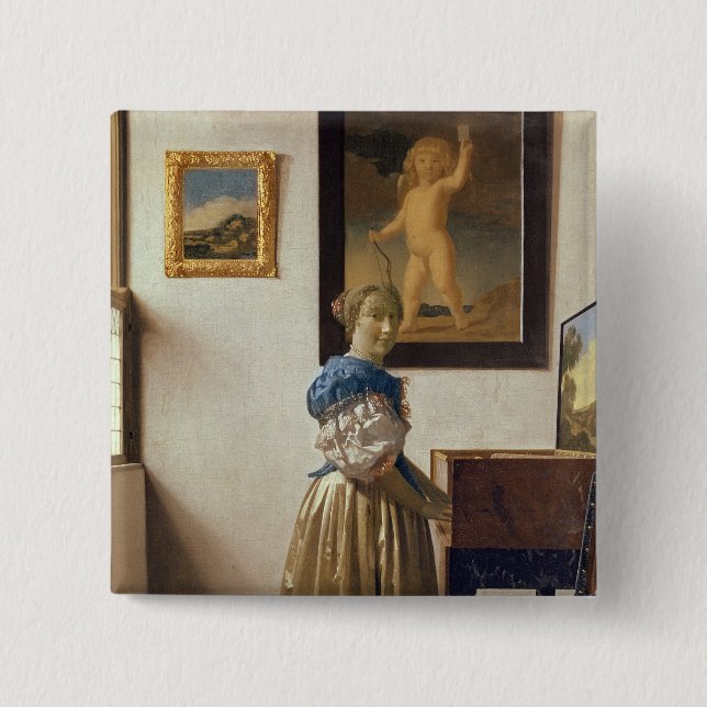 Lady standing at the Virginal, c.1672-73 Pinback Button (Front)