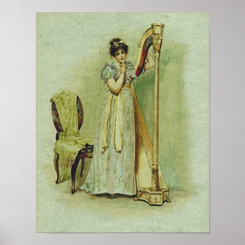 Lady Standing By Harp Chair Green Poster