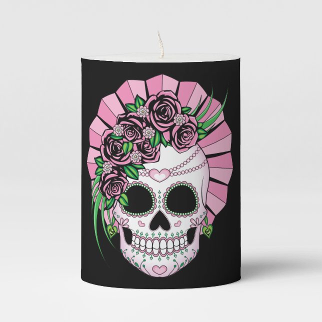 Lady Sugar Skull Pillar Candle (Front)