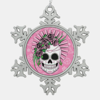 Lady Sugar Skull Snowflake Pewter Christmas Ornament