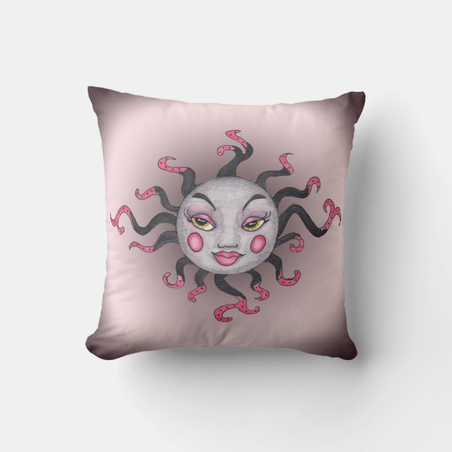 Lady Sun Face Pink Cheeks Black Pink Scroll Rays Outdoor Pillow (Front)