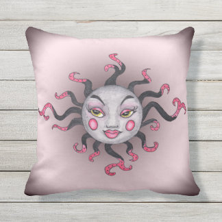 Lady Sun Face Pink Cheeks Black Pink Scroll Rays Outdoor Pillow