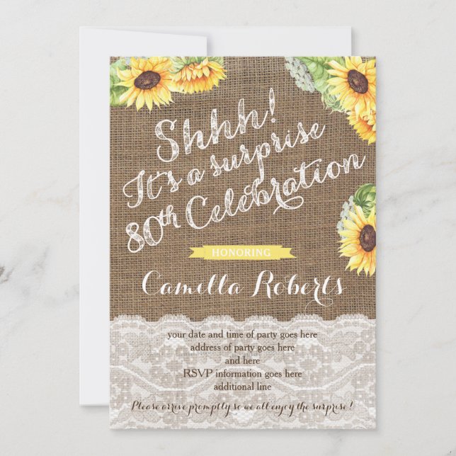 lady Surprise 80th Birthday Invites, Sunflowers Invitation (Front)