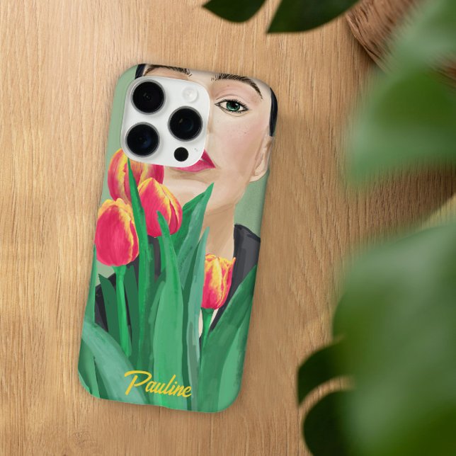 Lady & Tulip Green Orange Modern Graphic Painting Case-Mate iPhone Case (Portrait art of lady with tulip "Dame à la tulipe", lady with yellow orange tulip on green;)