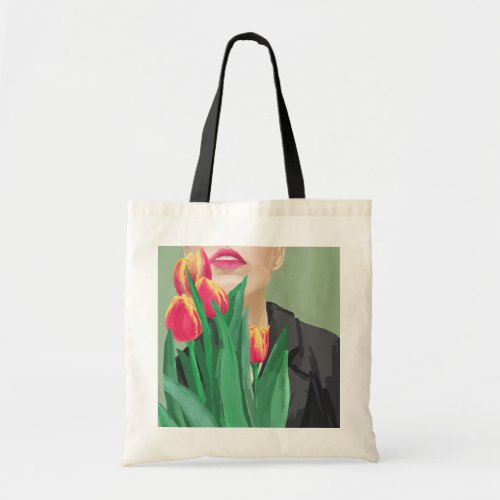 Lady  Tulip Green  Orange Modern Graphic Printed Tote Bag