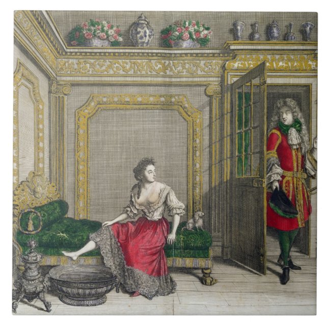 Lady undressing for the bath, published c.1688-90 tile (Front)