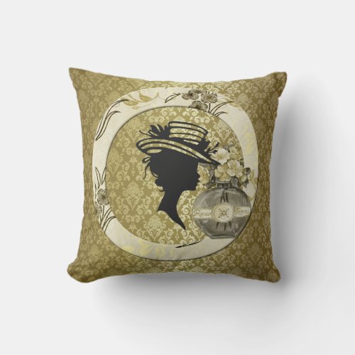 Lady wHat Vintage Frame  Flowers Gold Damask Throw Pillow