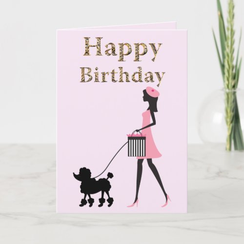 Lady walking black poodle Happy birthday Holiday Card