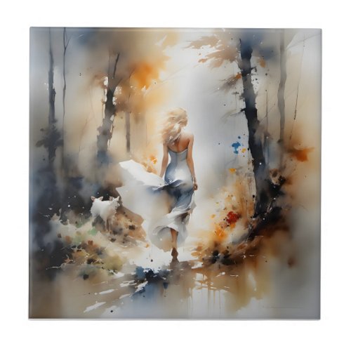 Lady Walking Through A Forest Ceramic Tile