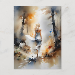 Lady Walking Through A Forest Postcard