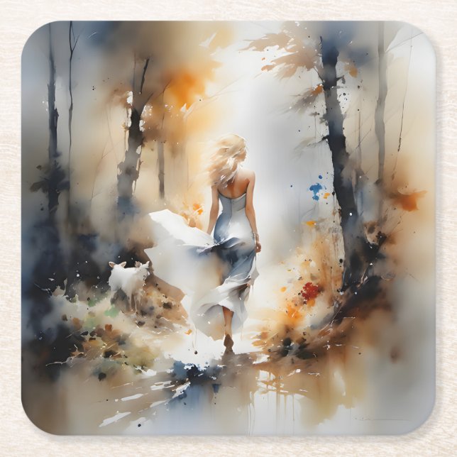 Lady Walking Through A Forest Square Paper Coaster (Front)