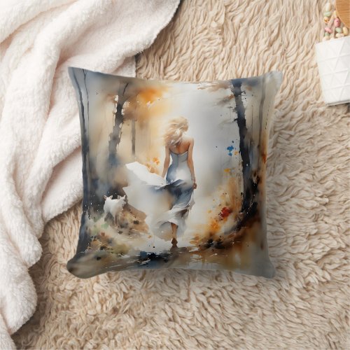 Lady Walking Through A Forest Throw Pillow