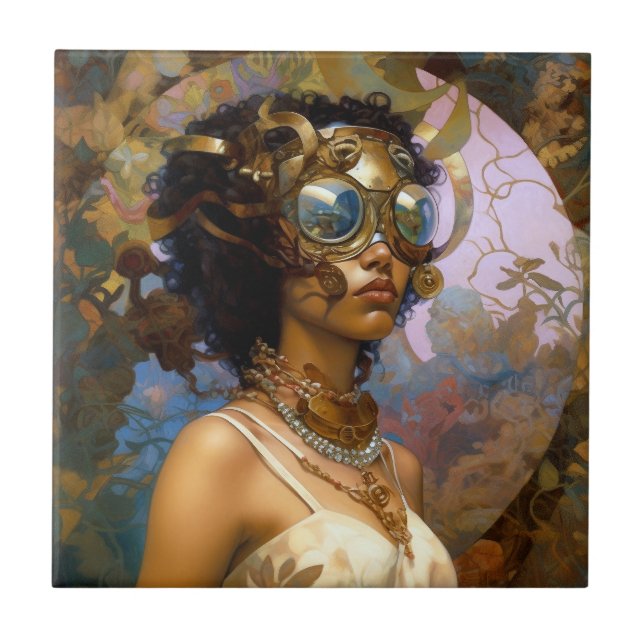 Lady Wearing Goggles Black Fantasy Sci-Fi  Ceramic Tile (Front)