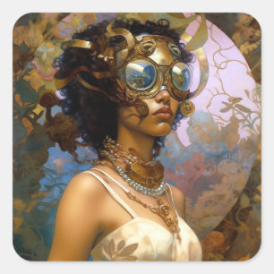 Lady Wearing Goggles Black Fantasy Sci-Fi Square Sticker