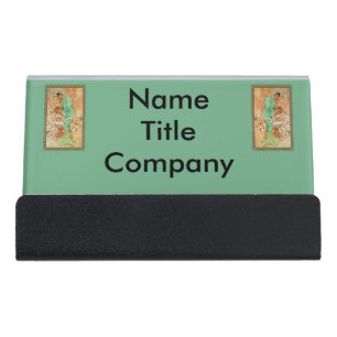 Lady Wearing Green Hooded Cape Golden trees Snow Desk Business Card Holder