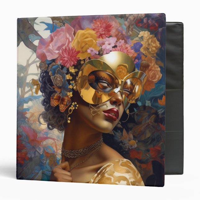 Lady Wearing Mask Black Fantasy Art 3 Ring Binder (Front/Inside)