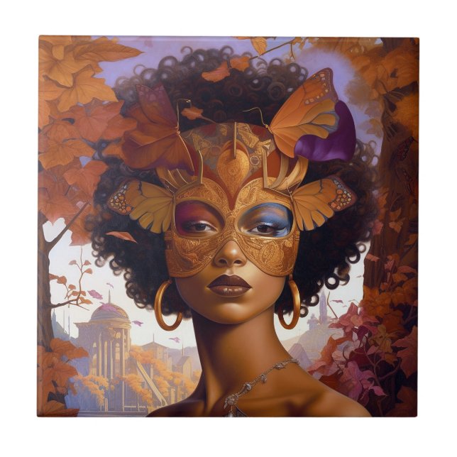 Lady Wearing Mask Black Fantasy Art Ceramic Tile (Front)