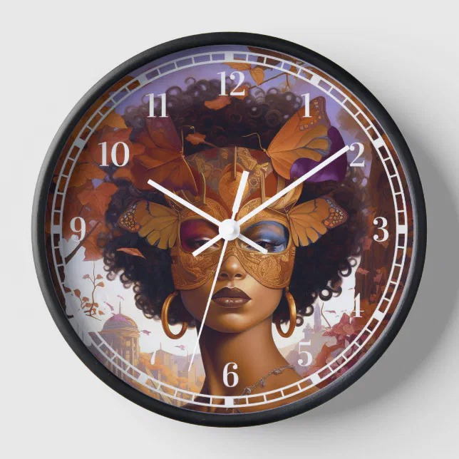 Lady Wearing Mask Black Fantasy Art Clock | Zazzle