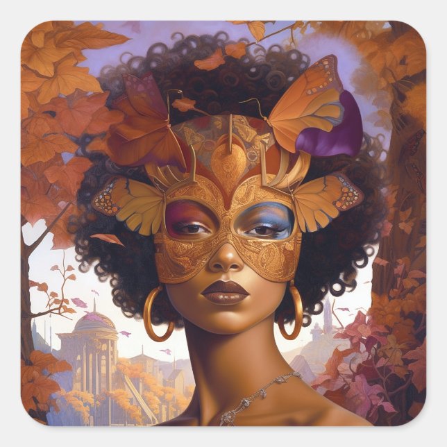 Lady Wearing Mask Black Fantasy Art Square Sticker (Front)