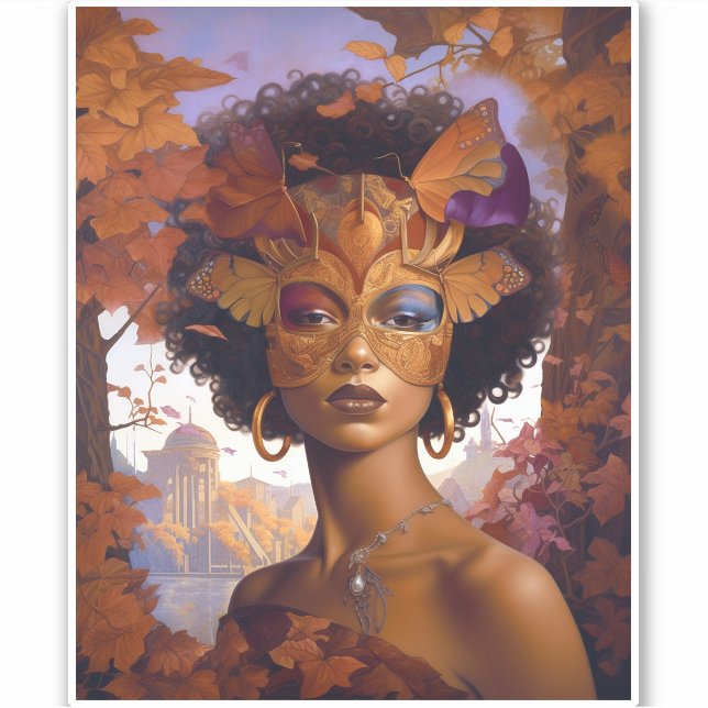 Lady Wearing Mask Black Fantasy Art Sticker (Front)