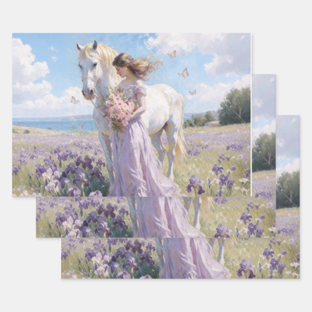 Lady & White Horse in Iris Field Wrapping Paper Sheets (Set)