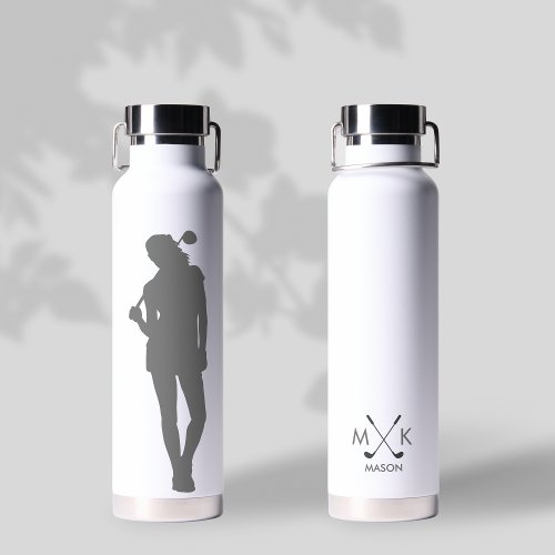 Lady White With Gray Modern Golfer Monogram Water Bottle