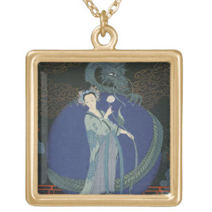 Lady with a Dragon (colour litho) Gold Plated Necklace