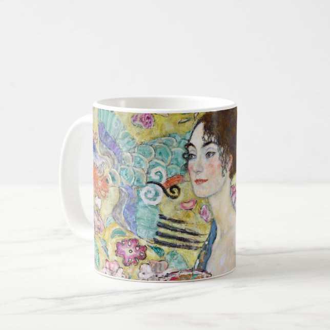 Lady with A Fan, Gustav Klimt Coffee Mug (Front Left)
