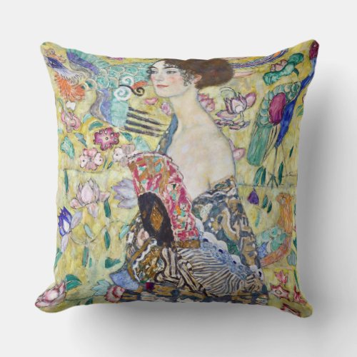 Lady with A Fan Gustav Klimt Throw Pillow