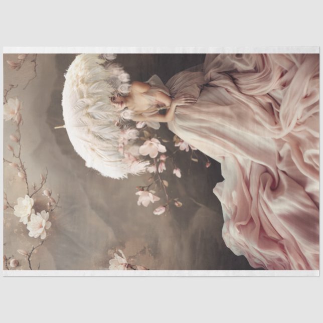 Lady with a feathered parasol, Magnolia Blossoms Tissue Paper (Front)
