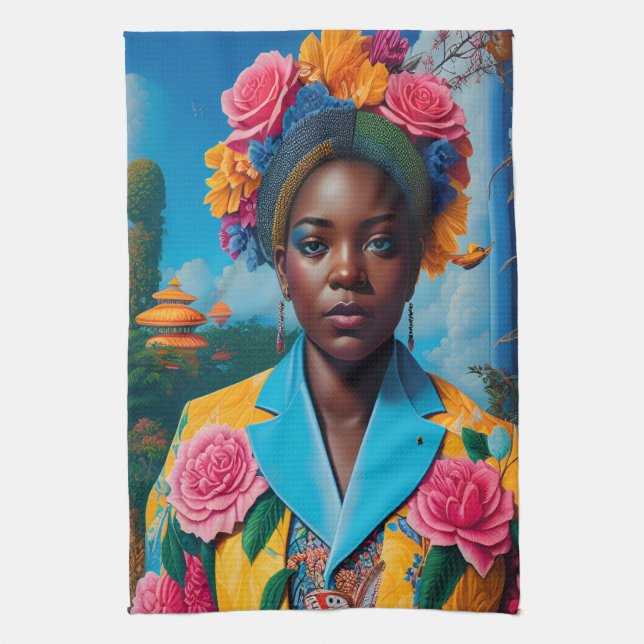 Lady with a floral suit jacket kitchen towel (Vertical)