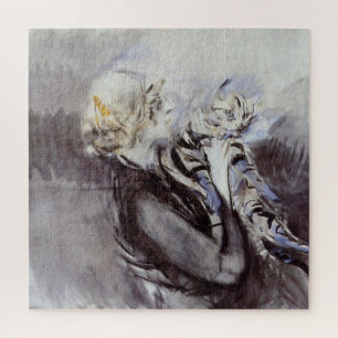 Lady with a Grey Cat (by Giovanni Boldini) Jigsaw Puzzle