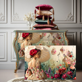 Lady with a Parasol, Bird, Floral & Lanterns Art Tissue Paper