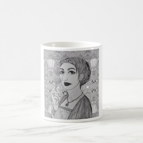 Lady with a pin cushion coffee mug