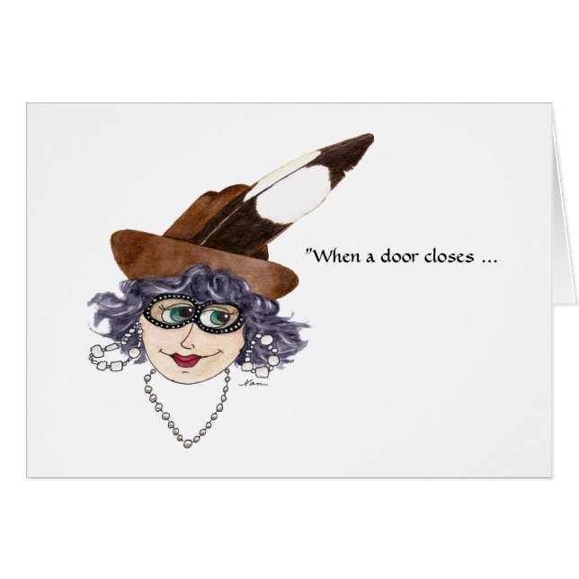 Lady with advice on doors closing cards (Front Horizontal)