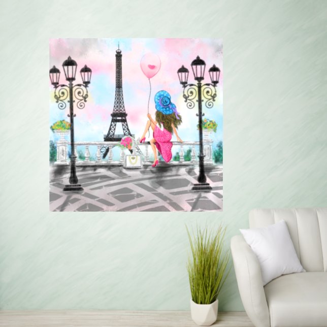 Lady with Balloon I Love Paris Painting Wall Decal (Living Room)