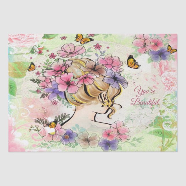Lady With Beautiful Flowers Decoupage Personalized Tissue Paper (Front)