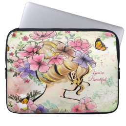 Lady With Beautiful Flowers Personalized Laptop Sleeve
