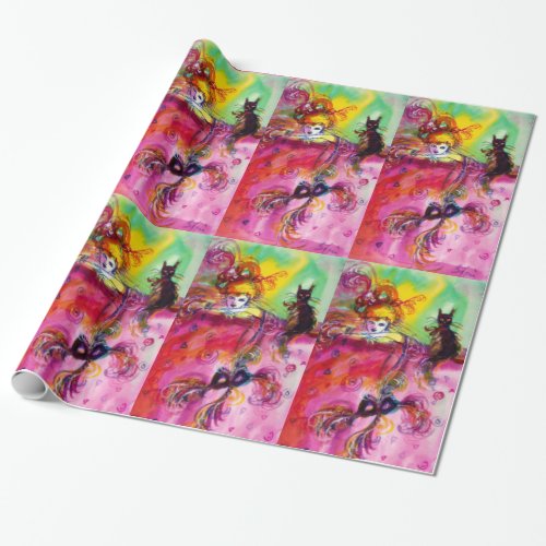 LADY WITH BLACK CAT AND MASK Masquerade Night Wrapping Paper