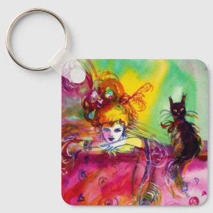 LADY WITH BLACK CAT Mardi Gras Masquerade Keychain