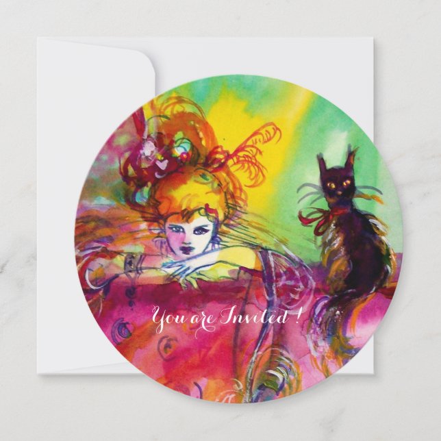 LADY WITH BLACK CAT /Mardi Gras  Masquerade Party Invitation (Front)