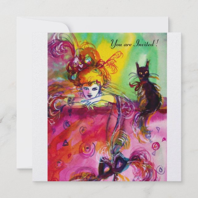LADY WITH BLACK CAT /Mardi Gras  Masquerade Party Invitation (Front)