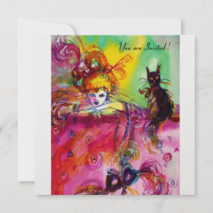 LADY WITH BLACK CAT /Mardi Gras  Masquerade Party Invitation