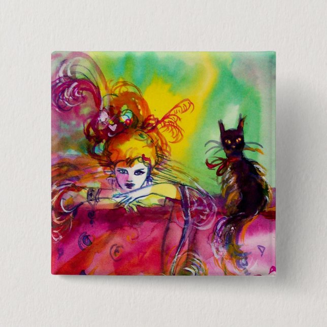 LADY WITH BLACK CAT /Mardi Gras  Masquerade Party Pinback Button (Front)