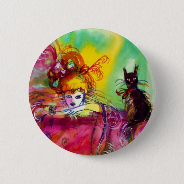 LADY WITH BLACK CAT /Mardi Gras  Masquerade Party Pinback Button (Front)