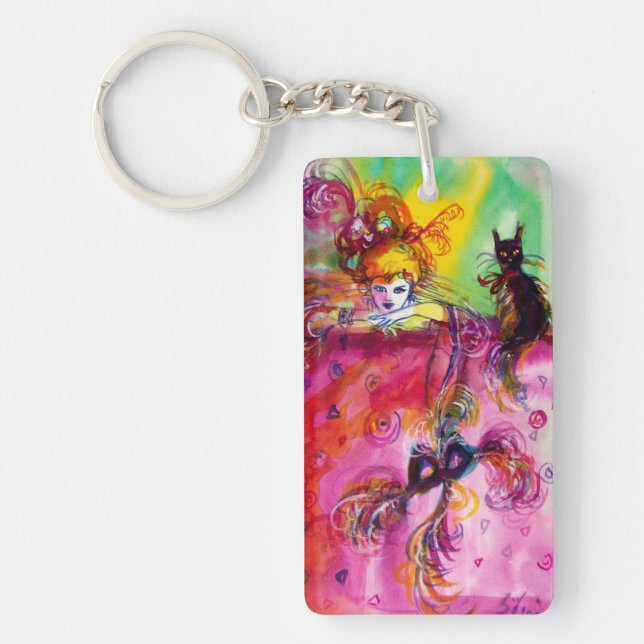 LADY WITH BLACK CAT, MASQUERADE MASK MONOGRAM KEYCHAIN (Front)