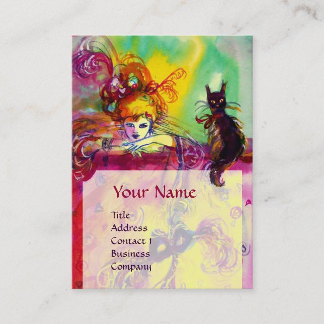 LADY WITH BLACK CAT / Venetian Masquerade Ball Business Card (Front)