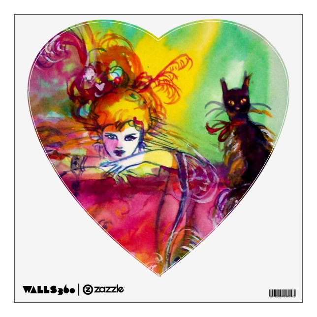 LADY WITH BLACK CAT Venetian Masquerade Ball Heart Wall Decal (Front)