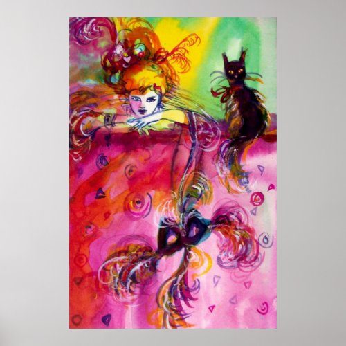 LADY WITH BLACK CAT Venetian Masquerade Ball Poster