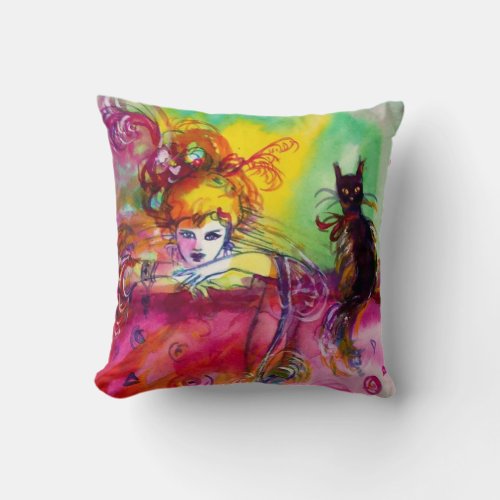 LADY WITH BLACK CAT Venetian Masquerade Ball Throw Pillow
